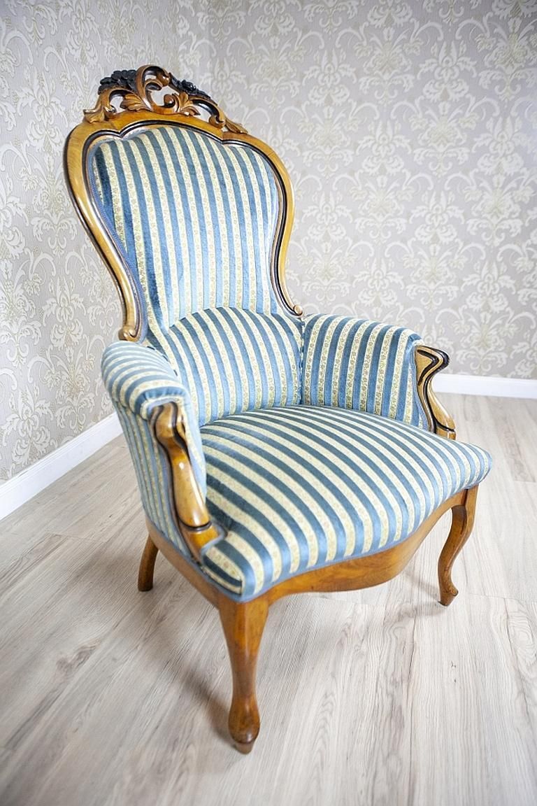 Comfortable Walnut Armchair From The Late 19th Century In Light Blue Upholstery photo Furniture