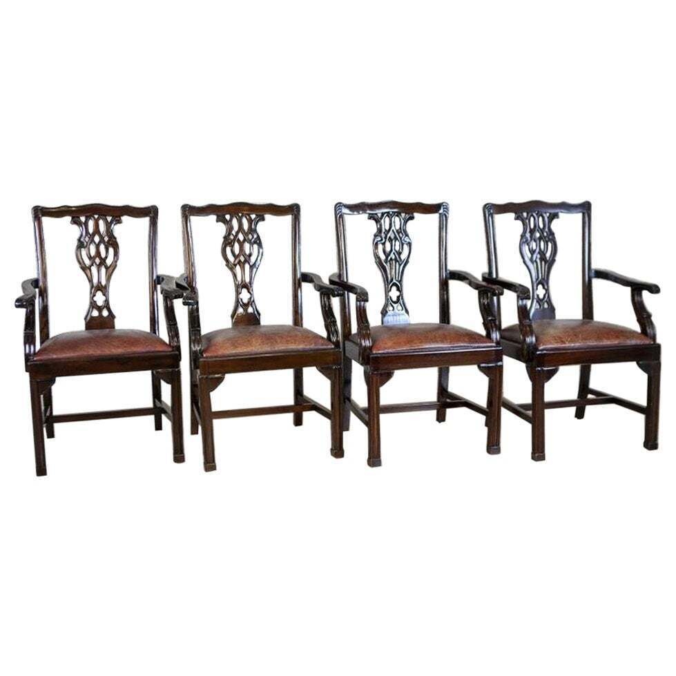 English Late 19th Century Four Walnut Chairs With Leather Upholstery