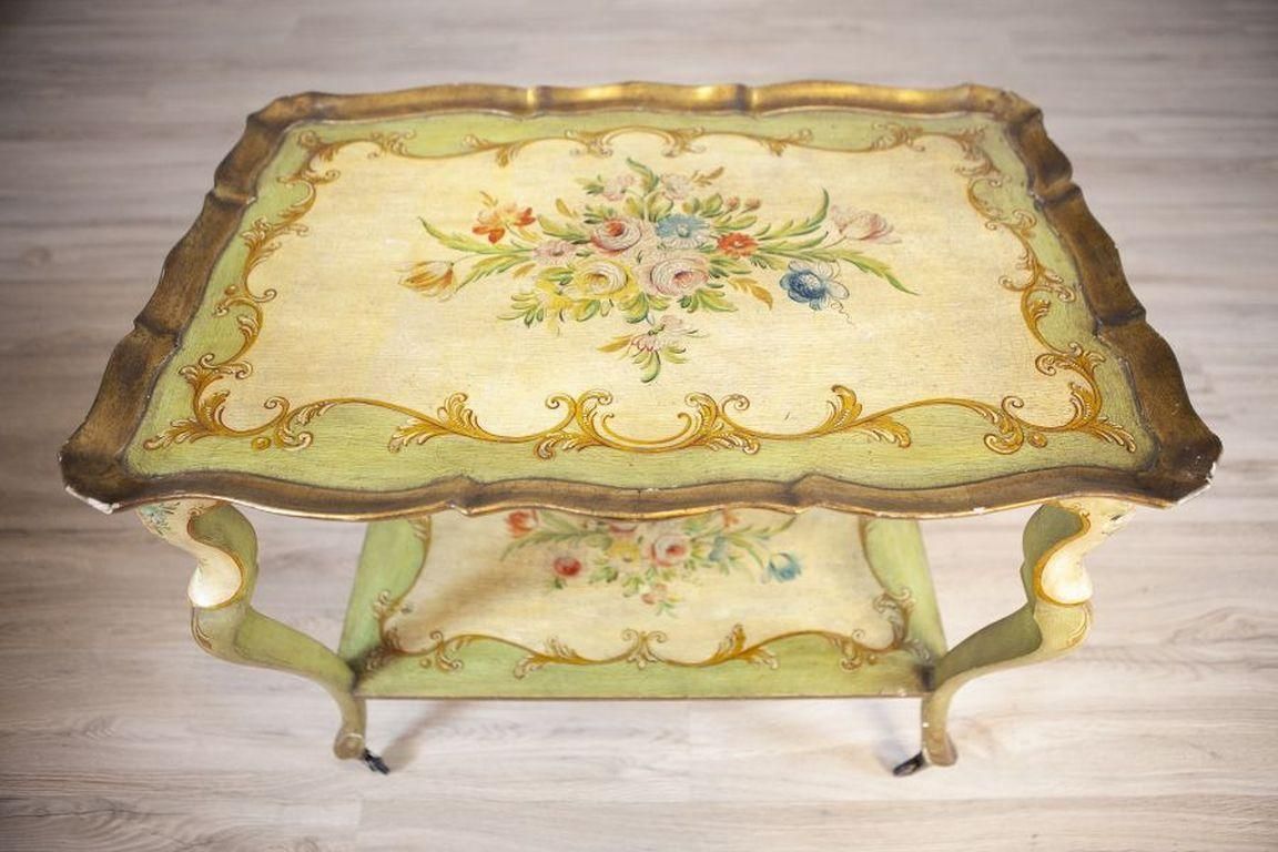 Rococo Mahogany Tea Table From The Late 19th Century With Floral Paintings photo vinterior