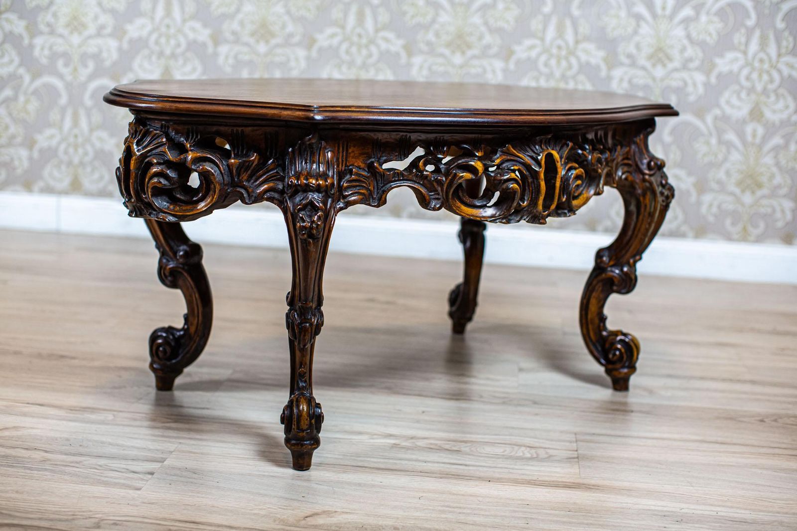 Decorative Brown Coffee Table From The Mid 20th Century With Carved Apron photo furniture