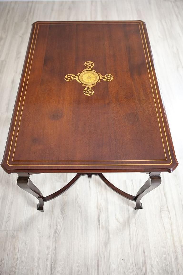 Art Nouveau Mahogany Center Table From The Early 20th Century With Floral Inlays photo vinterior