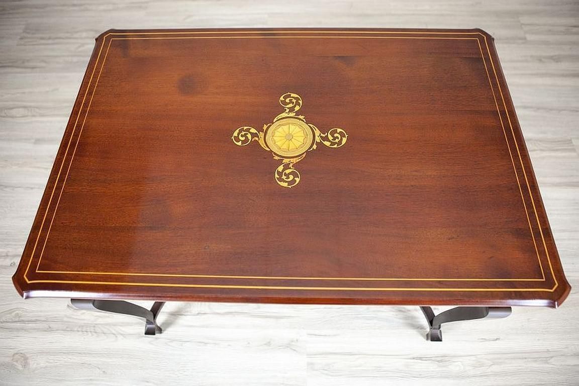 Art Nouveau Mahogany Center Table From The Early 20th Century With Floral Inlays photo vintage