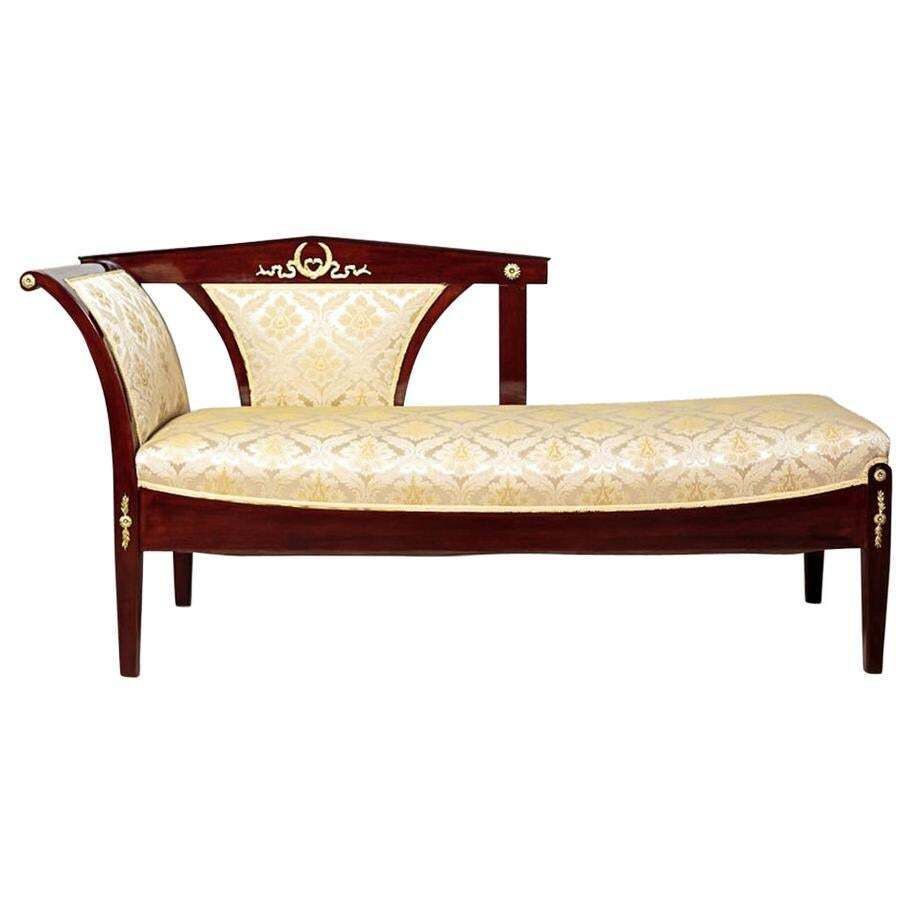 19th Century Chaise Longue, Neo Empire Style With Yellow Fabric, Brass Details