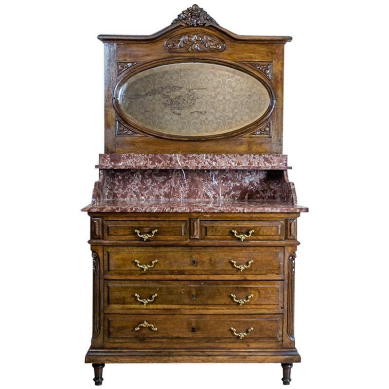 Walnut Vanity Dresser From The Interwar Period With Marble Top