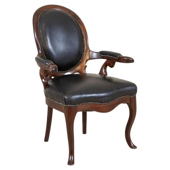 Walnut Armchair From The Late 19th Century In Black Leather