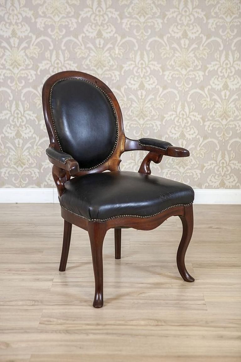Walnut Armchair From The Late 19th Century In Black Leather photo furniture