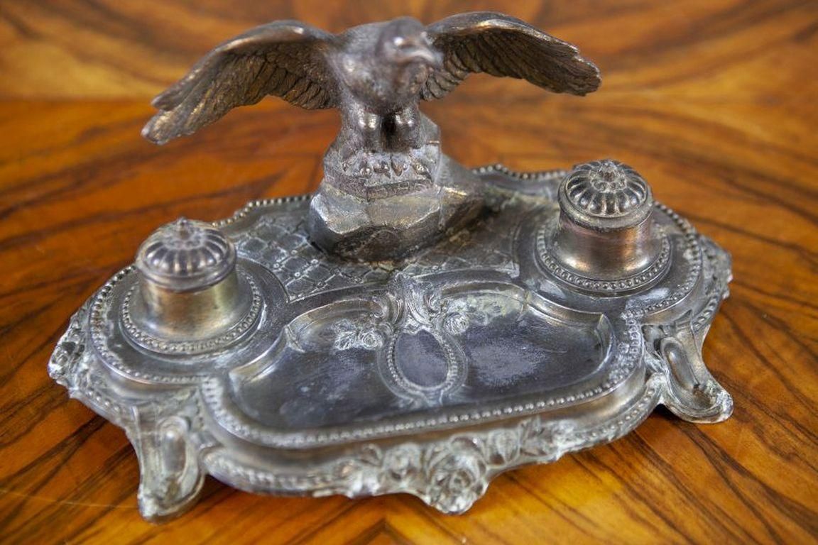Pre War Metal Inkwell With Bird Figurine photo furniture