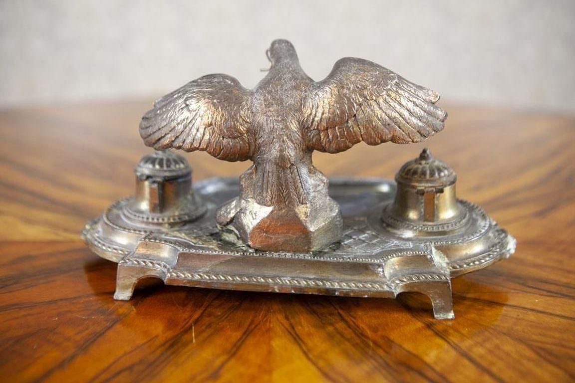 Pre War Metal Inkwell With Bird Figurine photo for sale