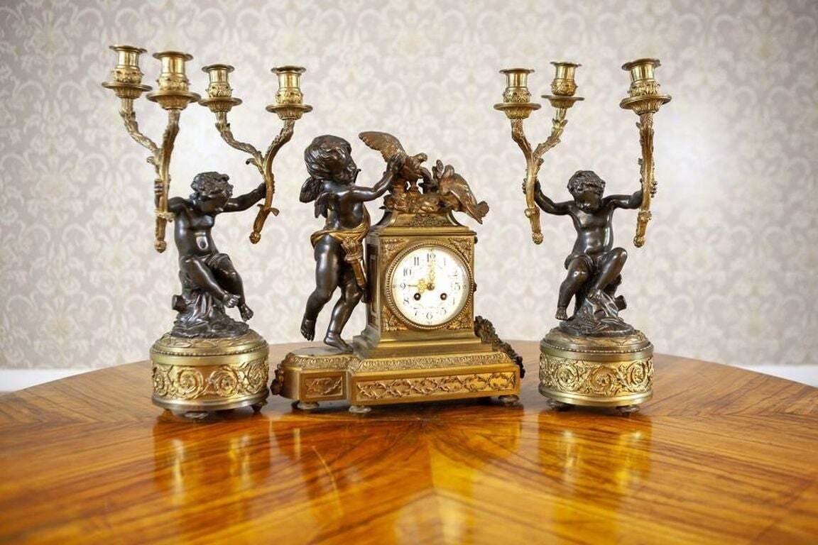 Napoleon III French Bronze Mantel Clock Set From The 19th Century
