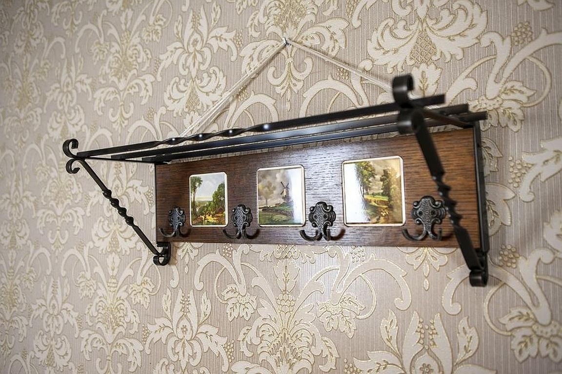 Dutch Oak Wall Coat Rack With Decorative Tiles From The Early 20th Century photo Furniture