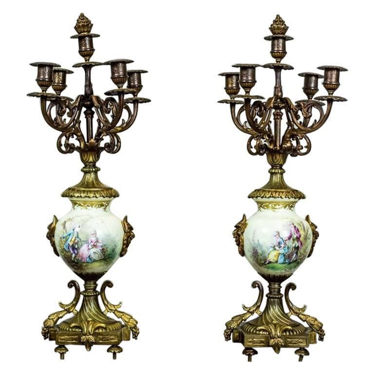 Antique, Two Four Arm Candelabra With Porcelain And Brass Details, 19th Century