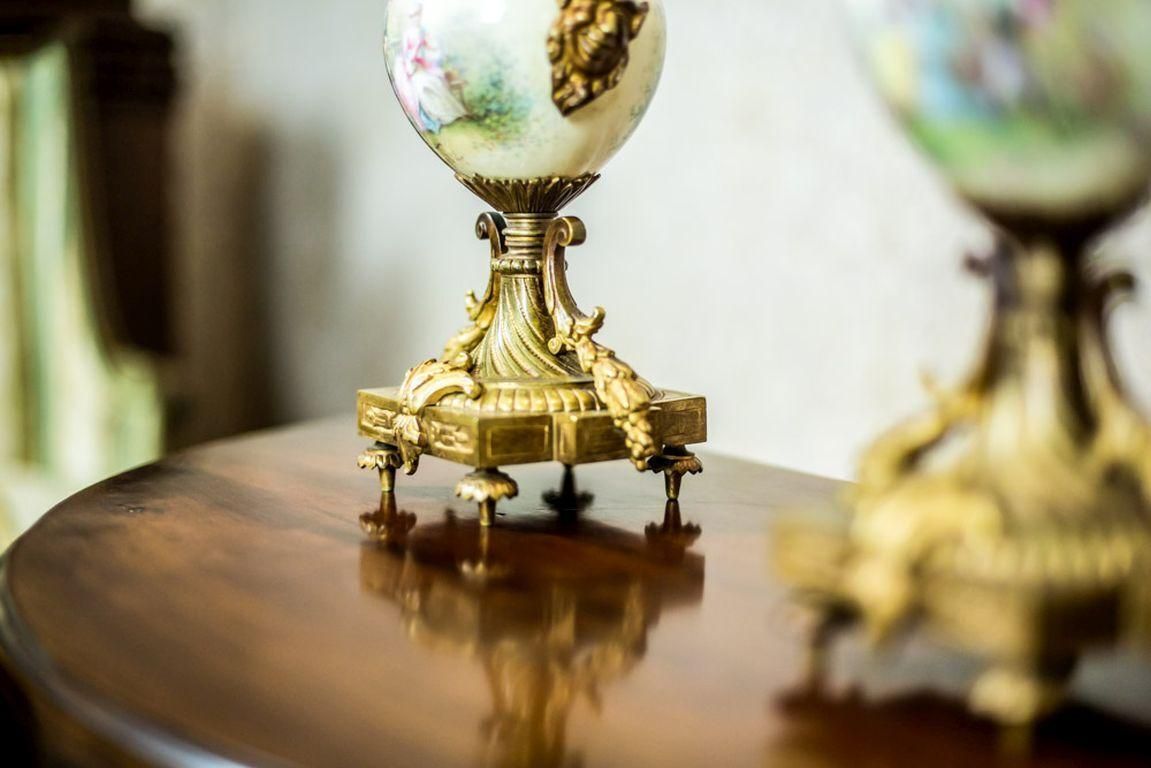 Antique, Two Four Arm Candelabra With Porcelain And Brass Details, 19th Century photo buy