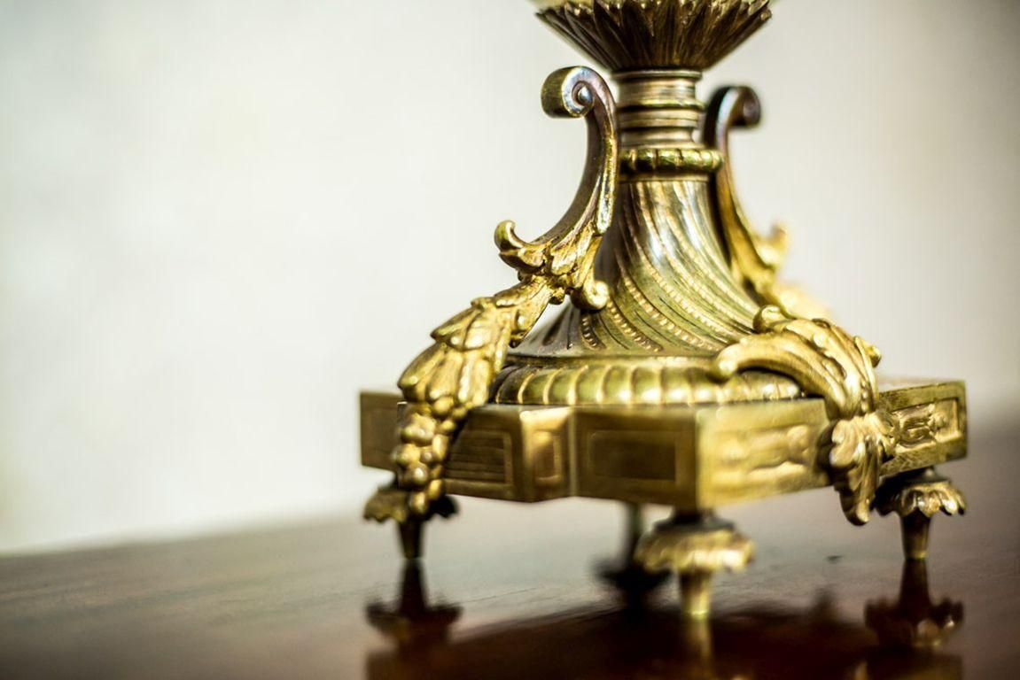 Antique, Two Four Arm Candelabra With Porcelain And Brass Details, 19th Century photo vintage