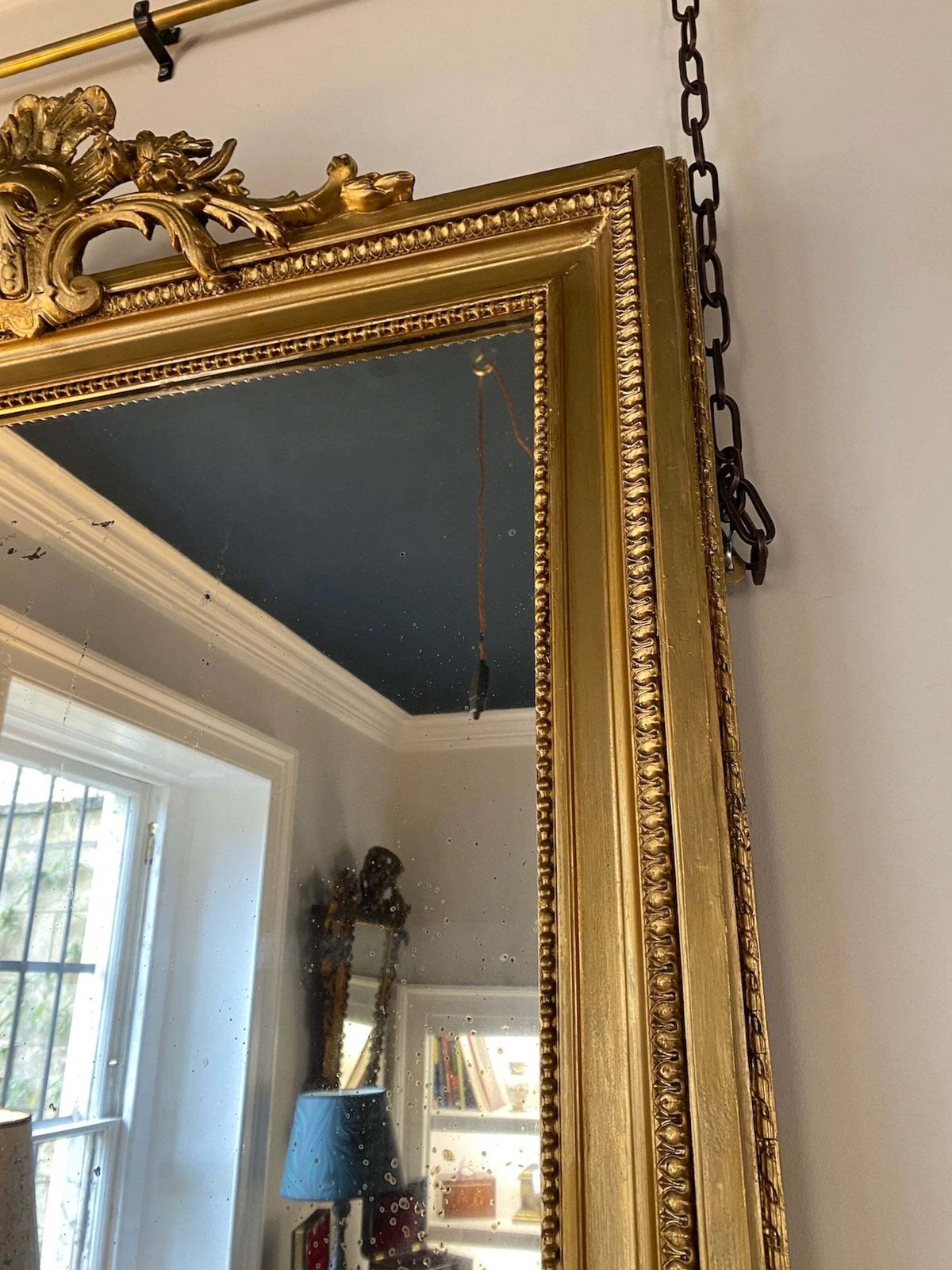 19th Century Overmantle Mirror With Carved Floral Top And Original Aged Glass photo furniture