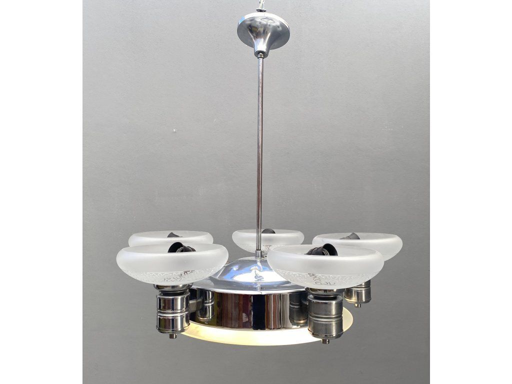 Art Deco Chrome Chandelier With Glass Bowl Shades