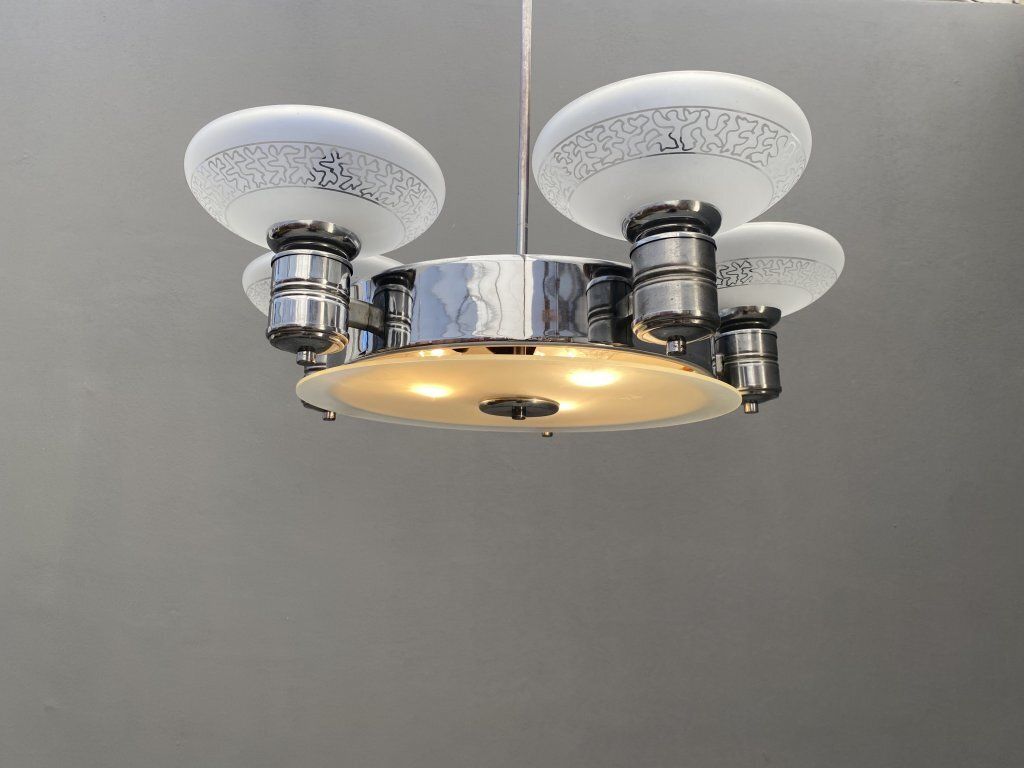 Art Deco Chrome Chandelier With Glass Bowl Shades photo furniture