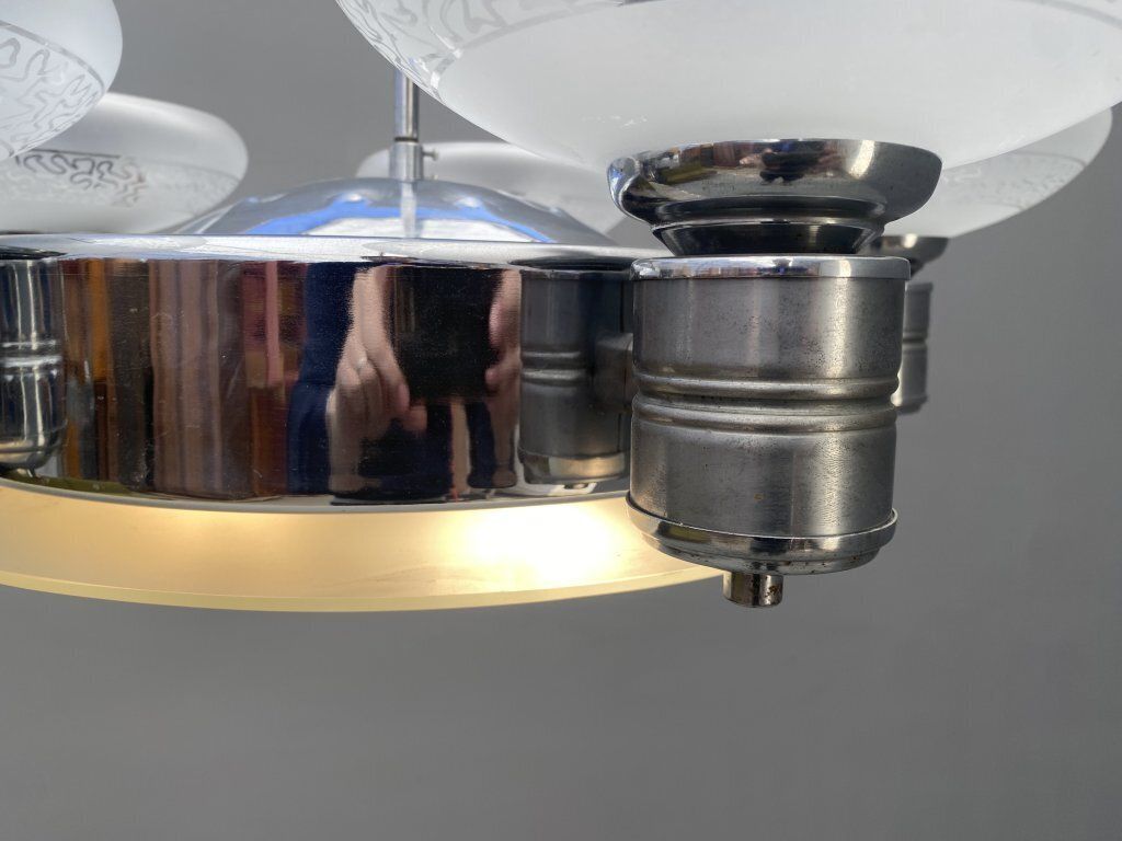 Art Deco Chrome Chandelier With Glass Bowl Shades photo vinterior