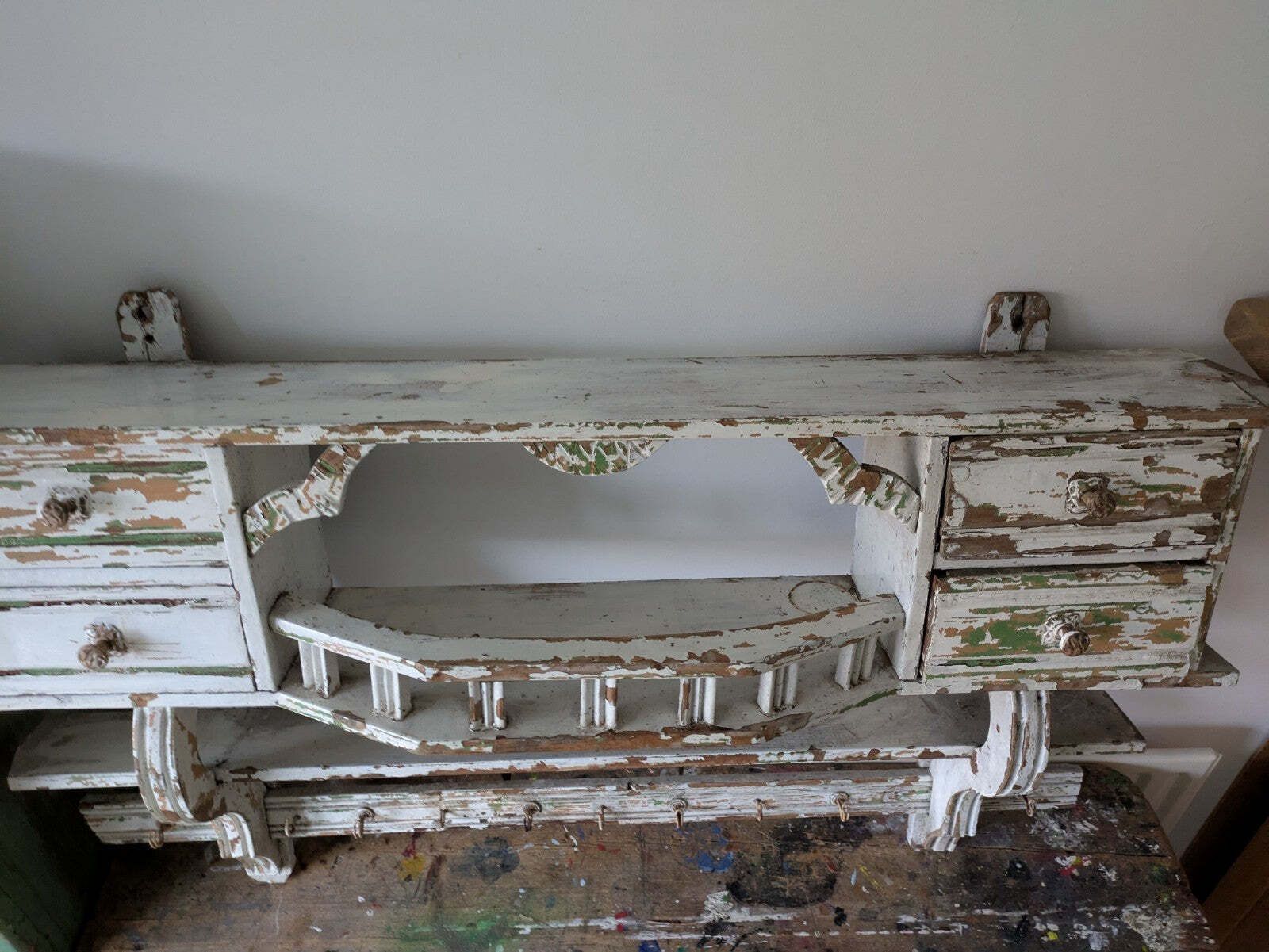 photo furniture Antique 1900s Shelving Rack Wall Shelf Shelves Drawers Chippy Distressed Hooks