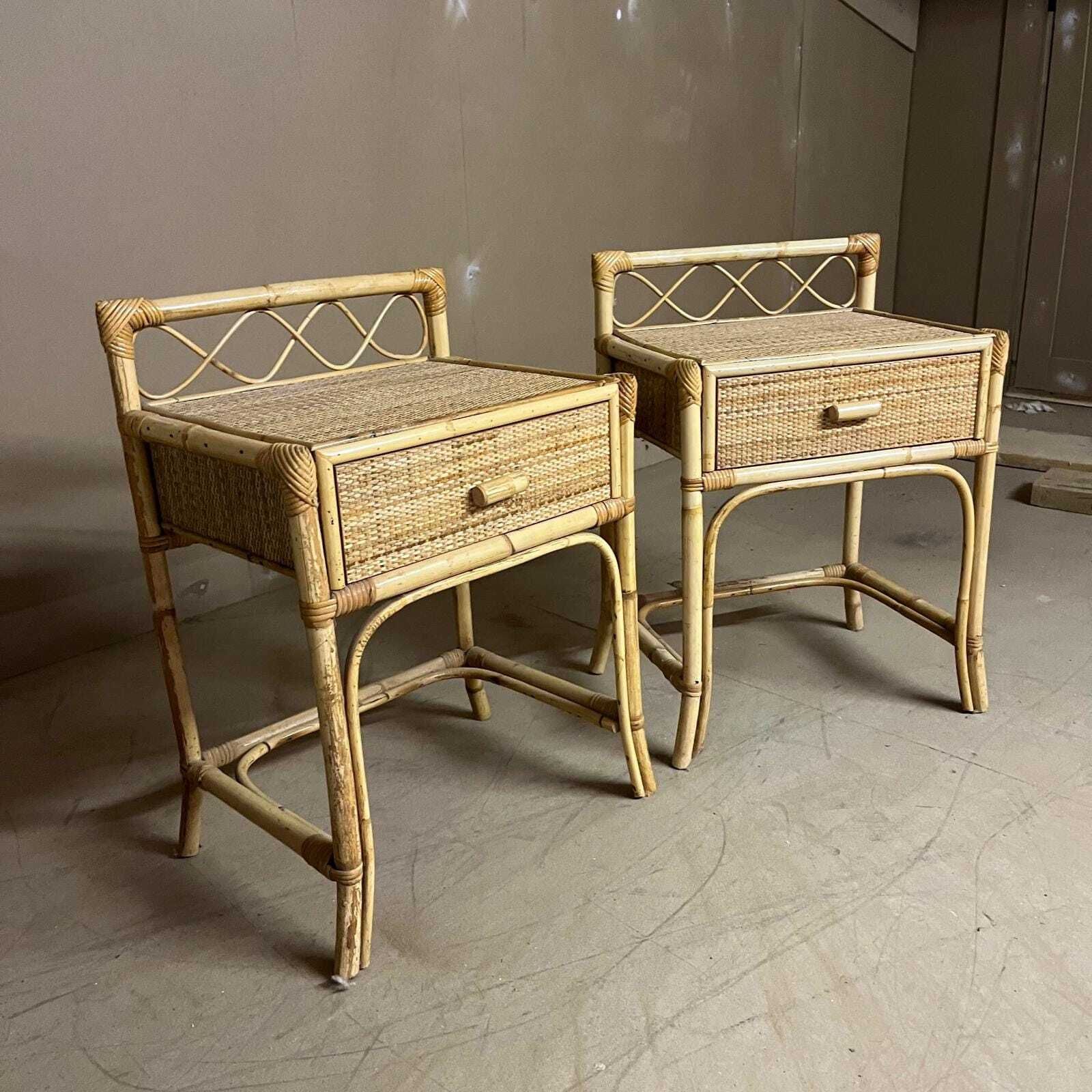 A Pair Of Cane Bedside Cabinets With Drawer And Back Detail photo for sale