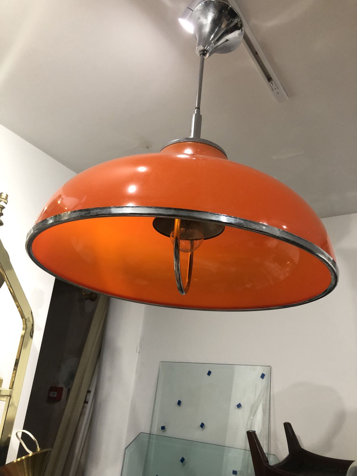 1960s Round Orange Chrome Pendant Light Kitchen Bedroom Retro Ceiling Lamp photo furniture