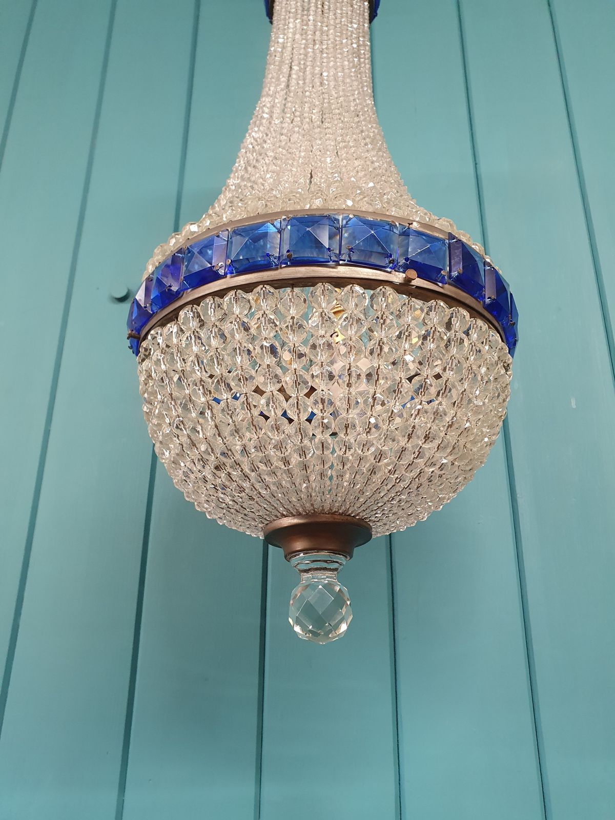 Early 20th Century Bead Chandelier With Blue Prisms At The Top And Centre 10" photo Lighting