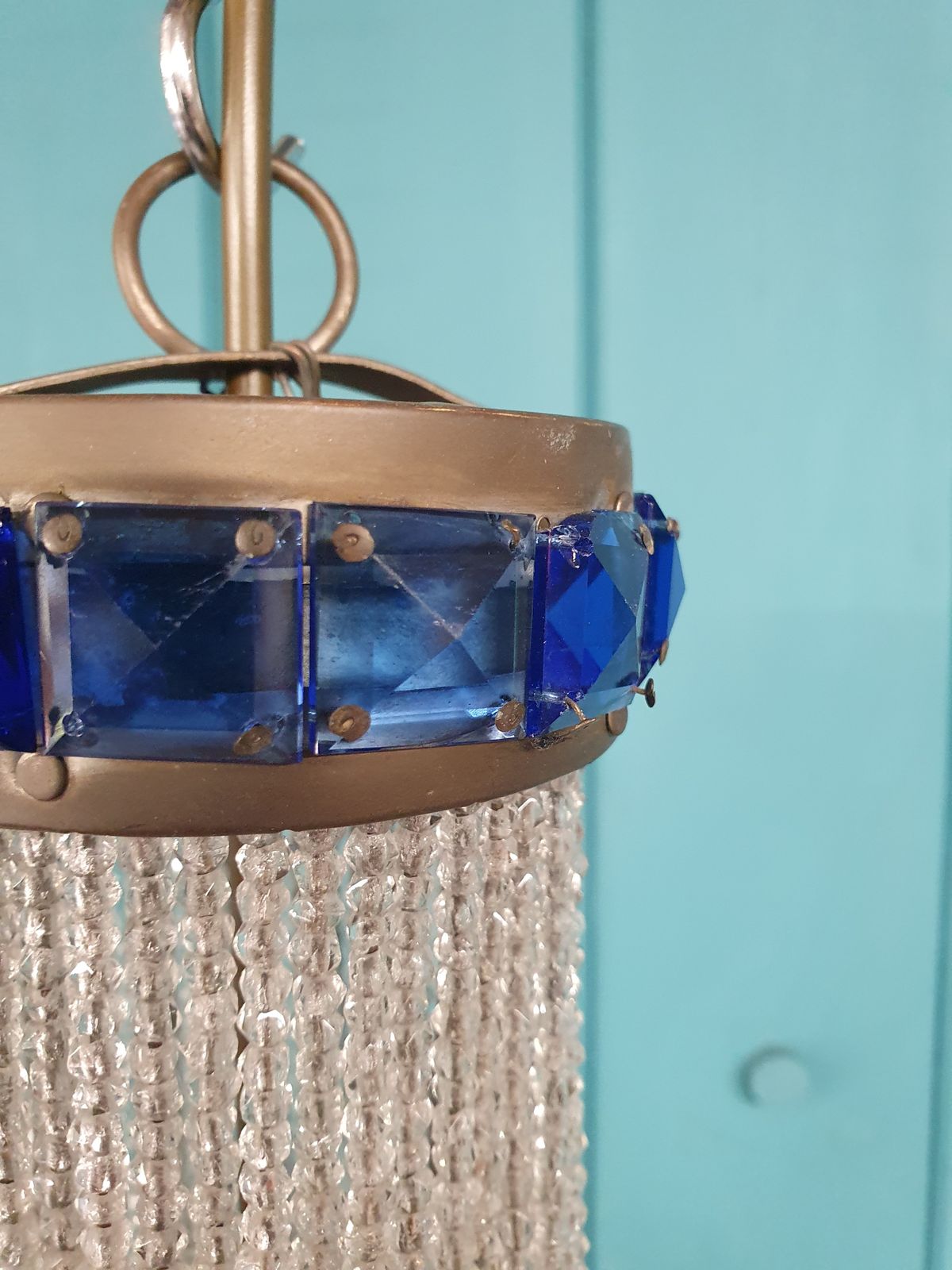 Early 20th Century Bead Chandelier With Blue Prisms At The Top And Centre 10" photo vinterior