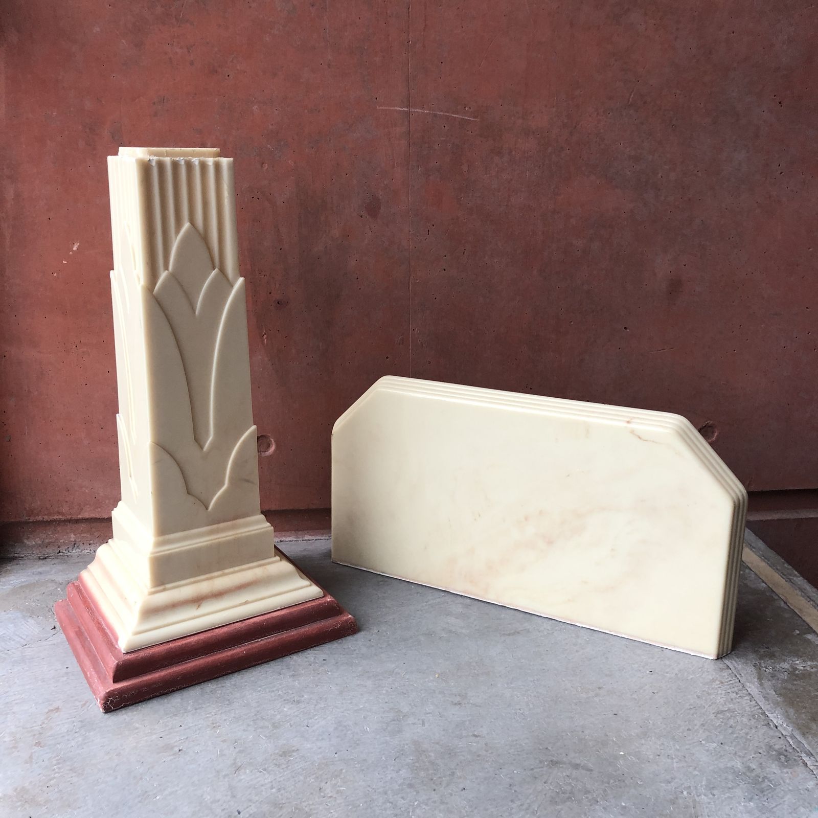 590.0 Art Deco Table Pillar Resin Wood Beige Marble 1970s 1940s photo