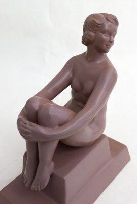 Art Deco Terracotta Sculpture Of A Nude Bathing Woman, 1920s photo vintage