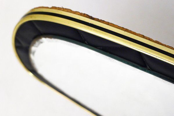 Mid Century Free Form Wall Mirror With Quilted Black Imitation Leather Frame & Gold Metal, 1950s photo for sale