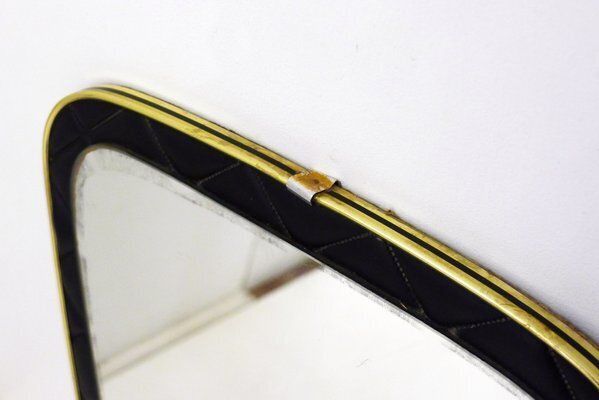 Mid Century Free Form Wall Mirror With Quilted Black Imitation Leather Frame & Gold Metal, 1950s photo vintage