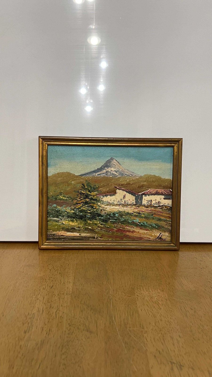 Signed Mid Century Oil On Canvas Board – Mountain Landscape With Village photo furniture