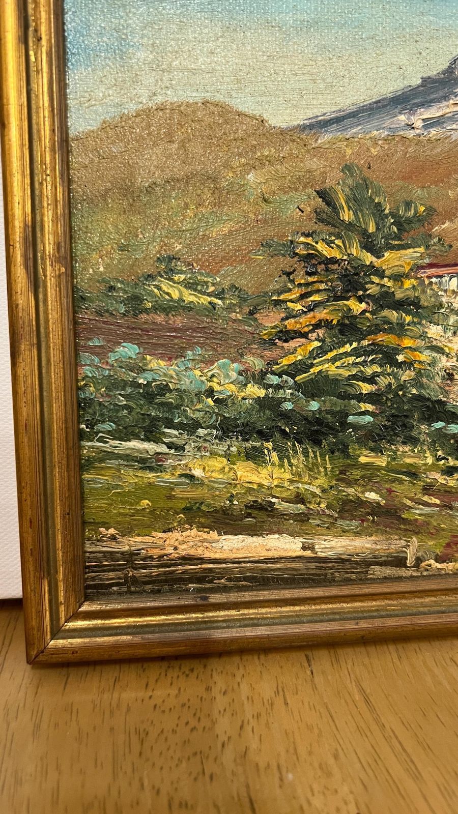 Signed Mid Century Oil On Canvas Board – Mountain Landscape With Village photo for sale