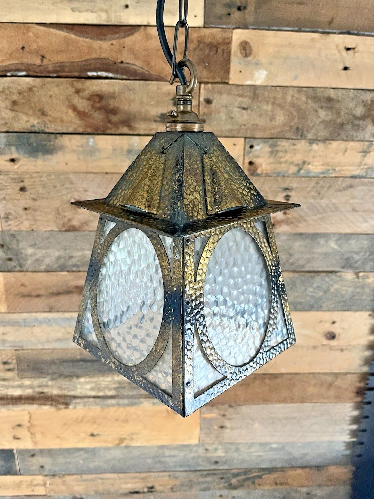 Pair Of Antique Arts & Crafts Textured Brass & Glass Porch Lanterns Lamps Lights