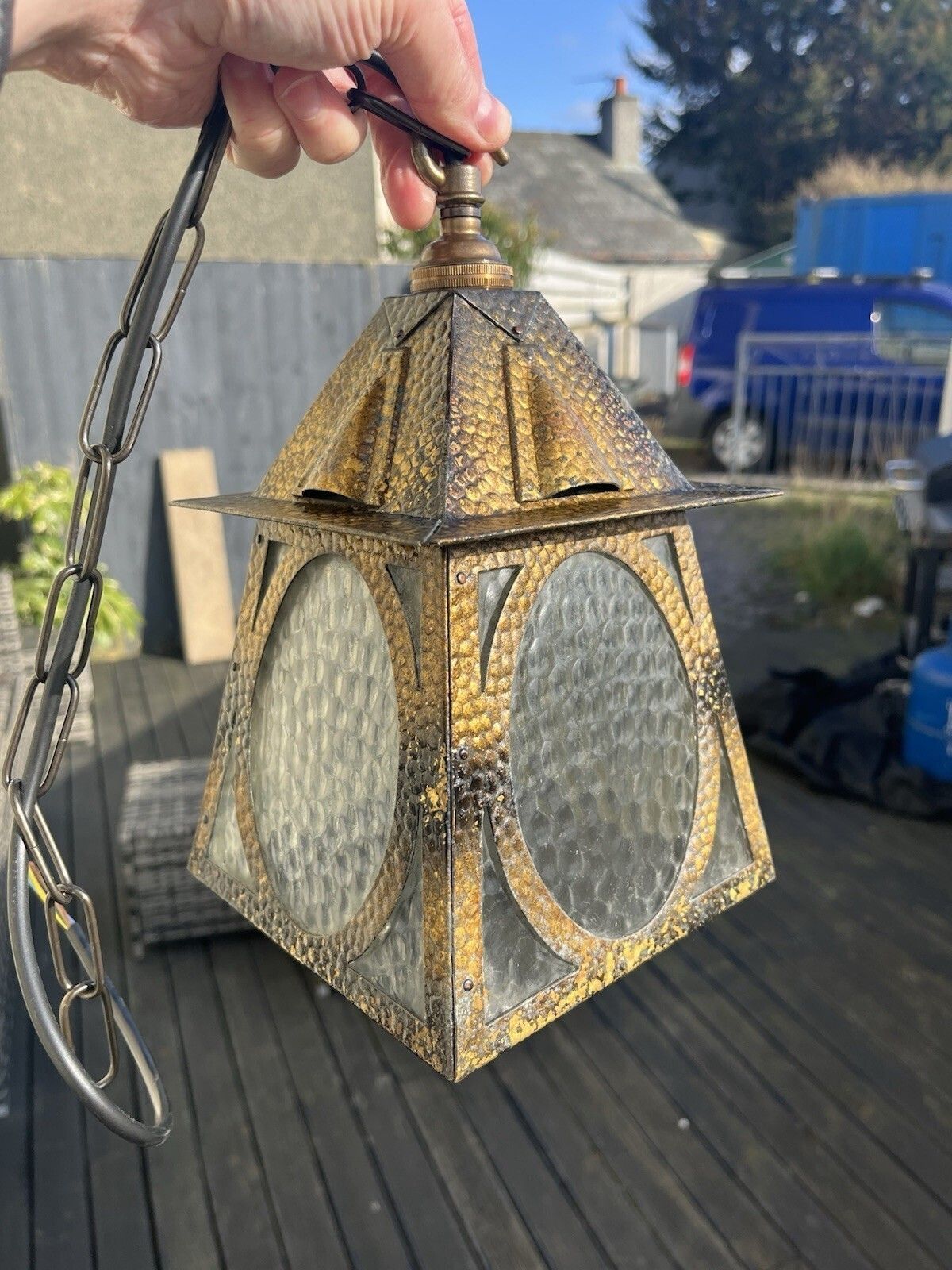 Pair Of Antique Arts & Crafts Textured Brass & Glass Porch Lanterns Lamps Lights photo 350.0