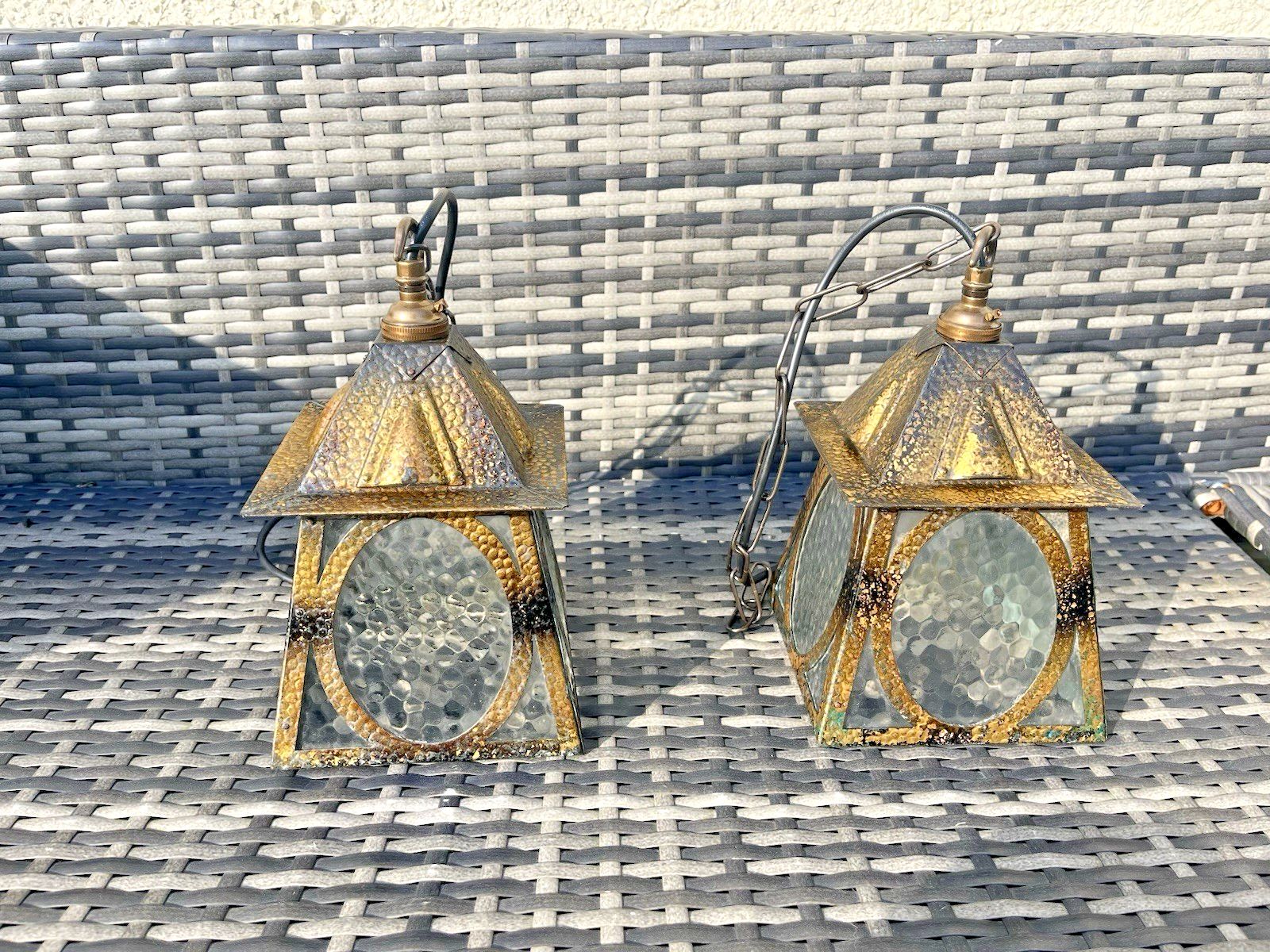 Pair Of Antique Arts & Crafts Textured Brass & Glass Porch Lanterns Lamps Lights photo vintage