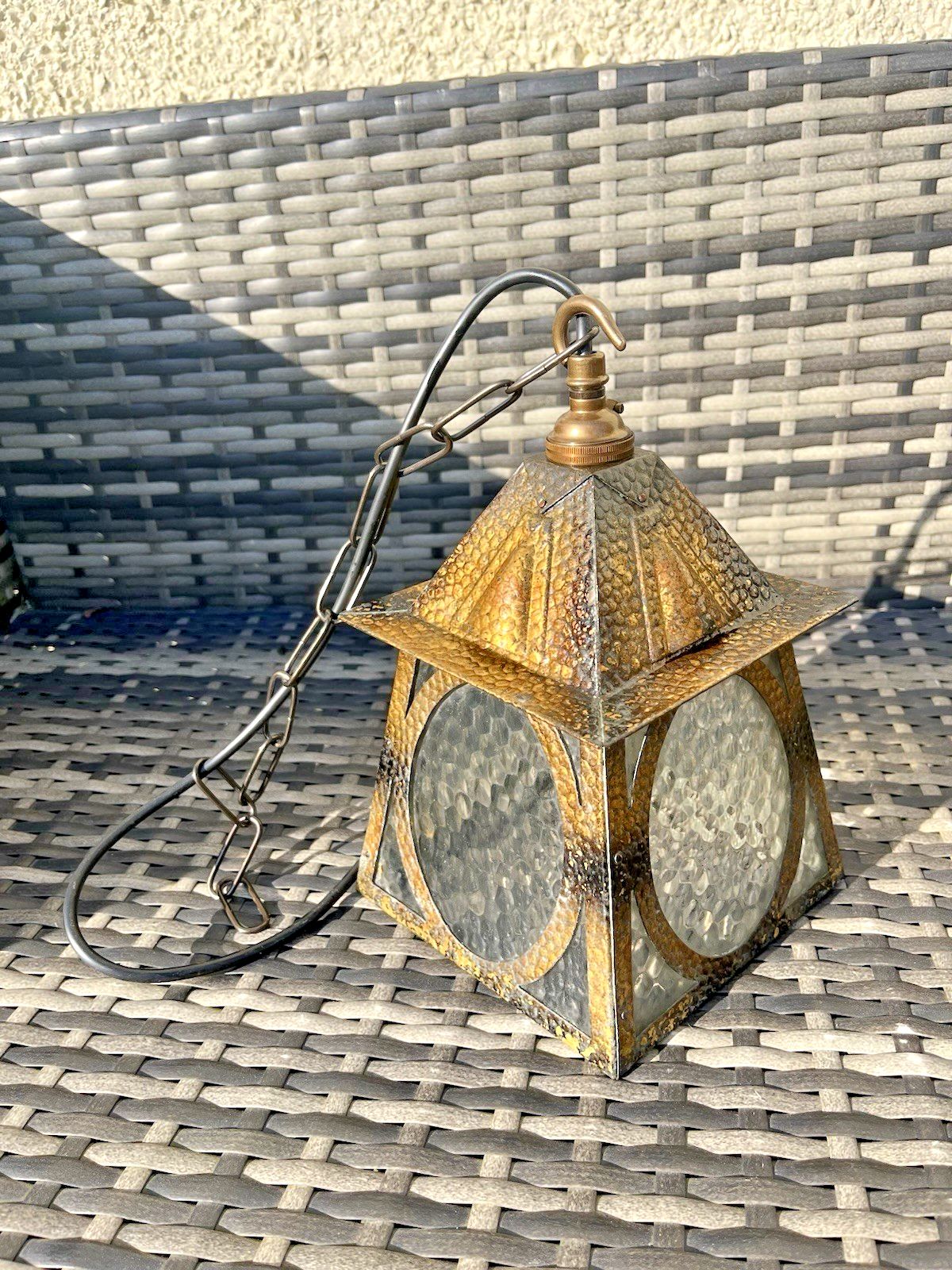 350.0 Pair Of Antique Arts & Crafts Textured Brass & Glass Porch Lanterns Lamps Lights photo
