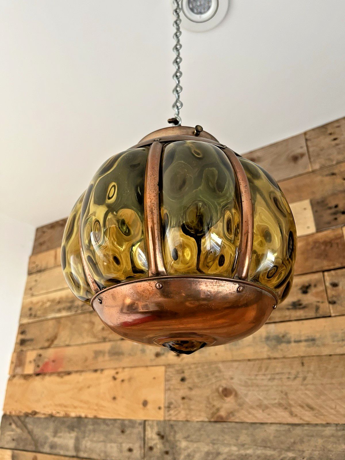 Mid Century Amber Copper Cage Blown Glass Onion Light Lantern 60's Scandi Dutch photo 240.0