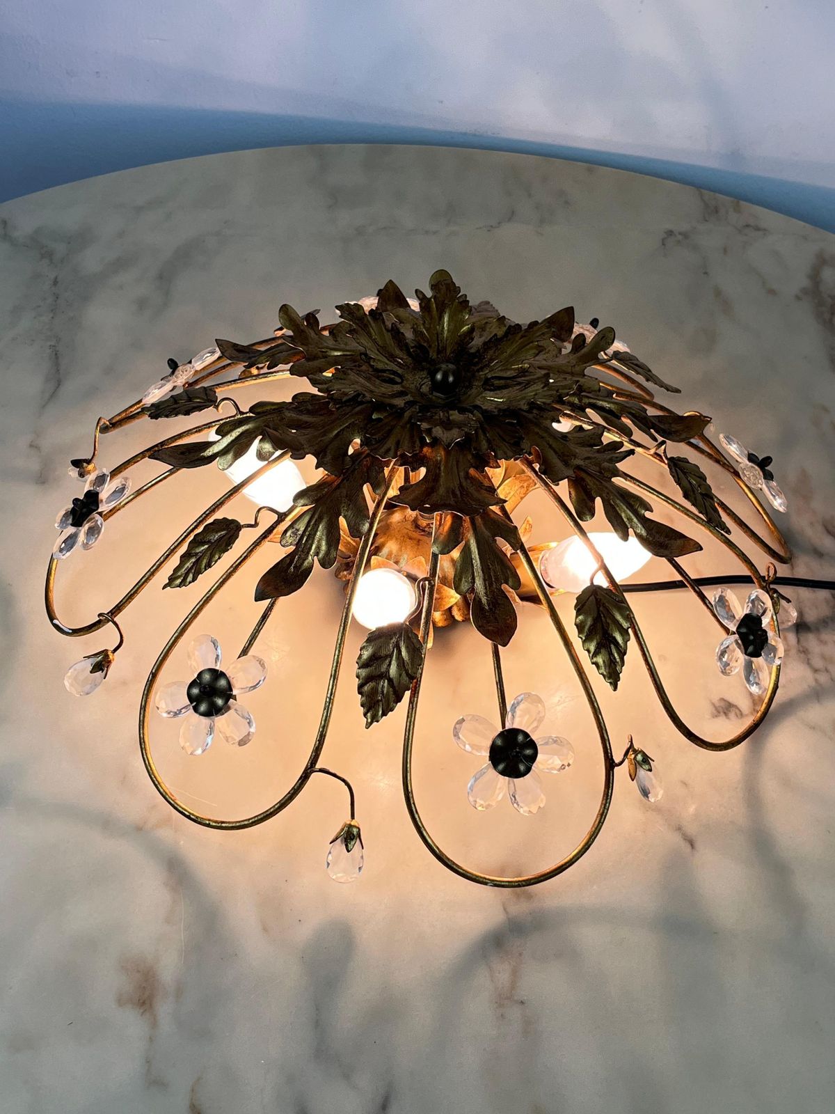 Banci Ceiling Light In Gilded Iron And Crystal Flowers Italian Design 1980s photo Lighting
