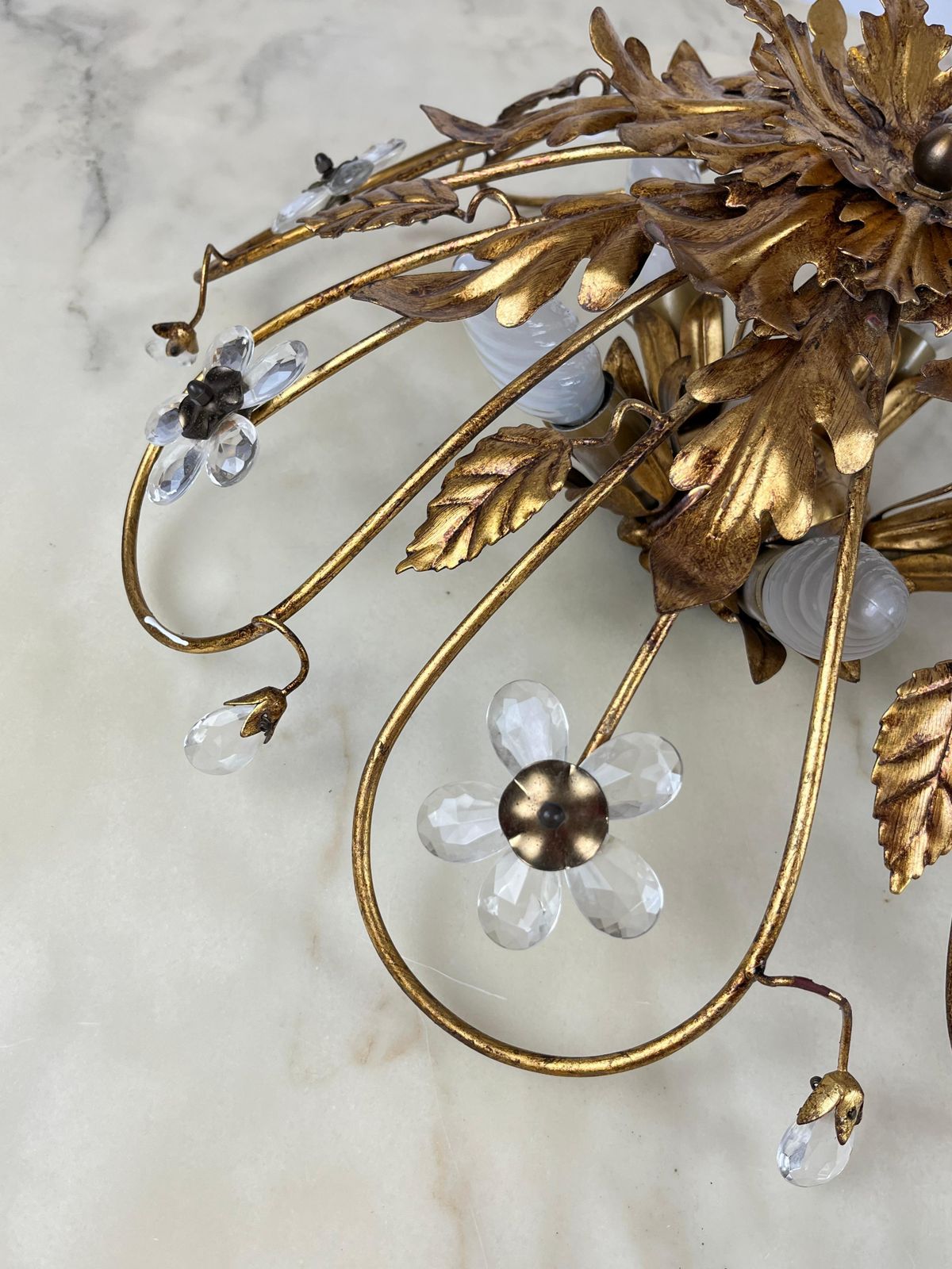 Banci Ceiling Light In Gilded Iron And Crystal Flowers Italian Design 1980s photo 384.0