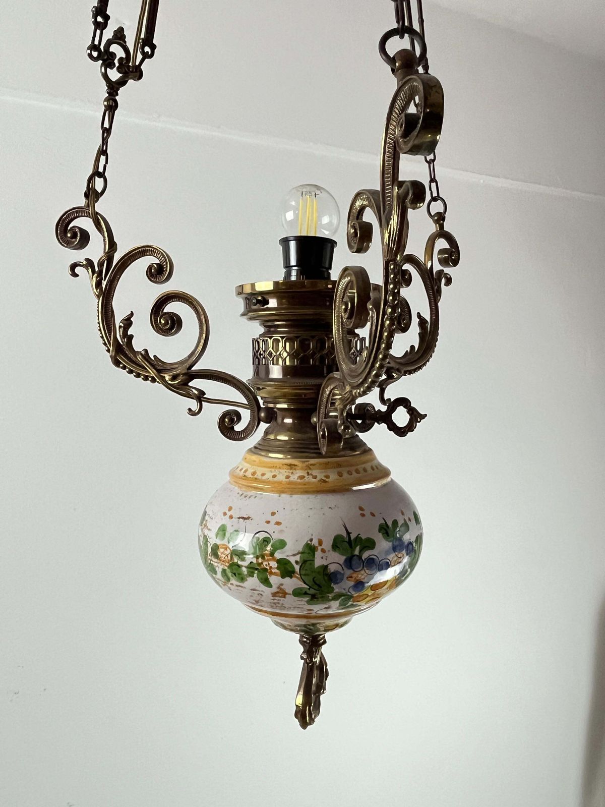 photo furniture Bronze, Ceramic And Glass Chandelier, Italy, 1950s