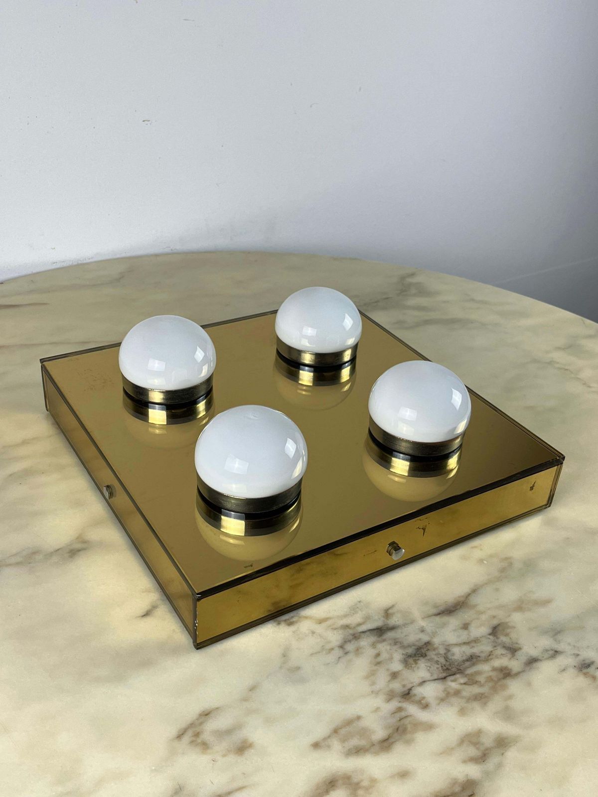 photo vintage 4 Light Ceiling Lamp Golden Mirror  Mid Century 1960s Italian Design