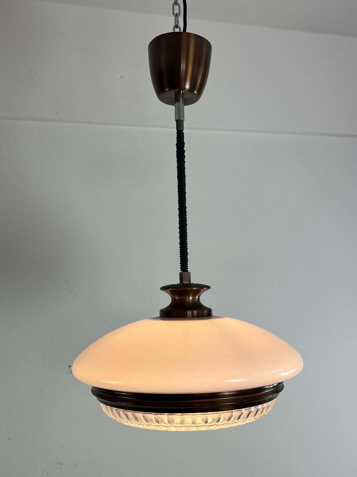 photo for sale Mid Century Opaline Glass And Crystal Chandelier, 1960s