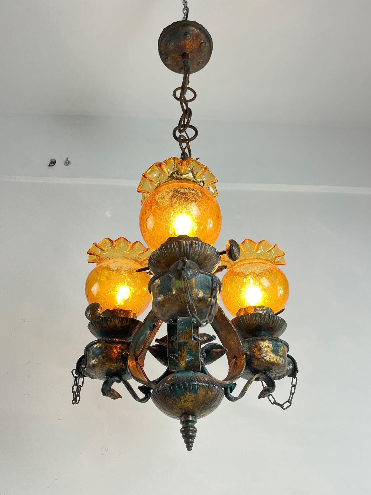 Mid Century Brutalist Iron And Glass Chandelier  1960s photo for sale