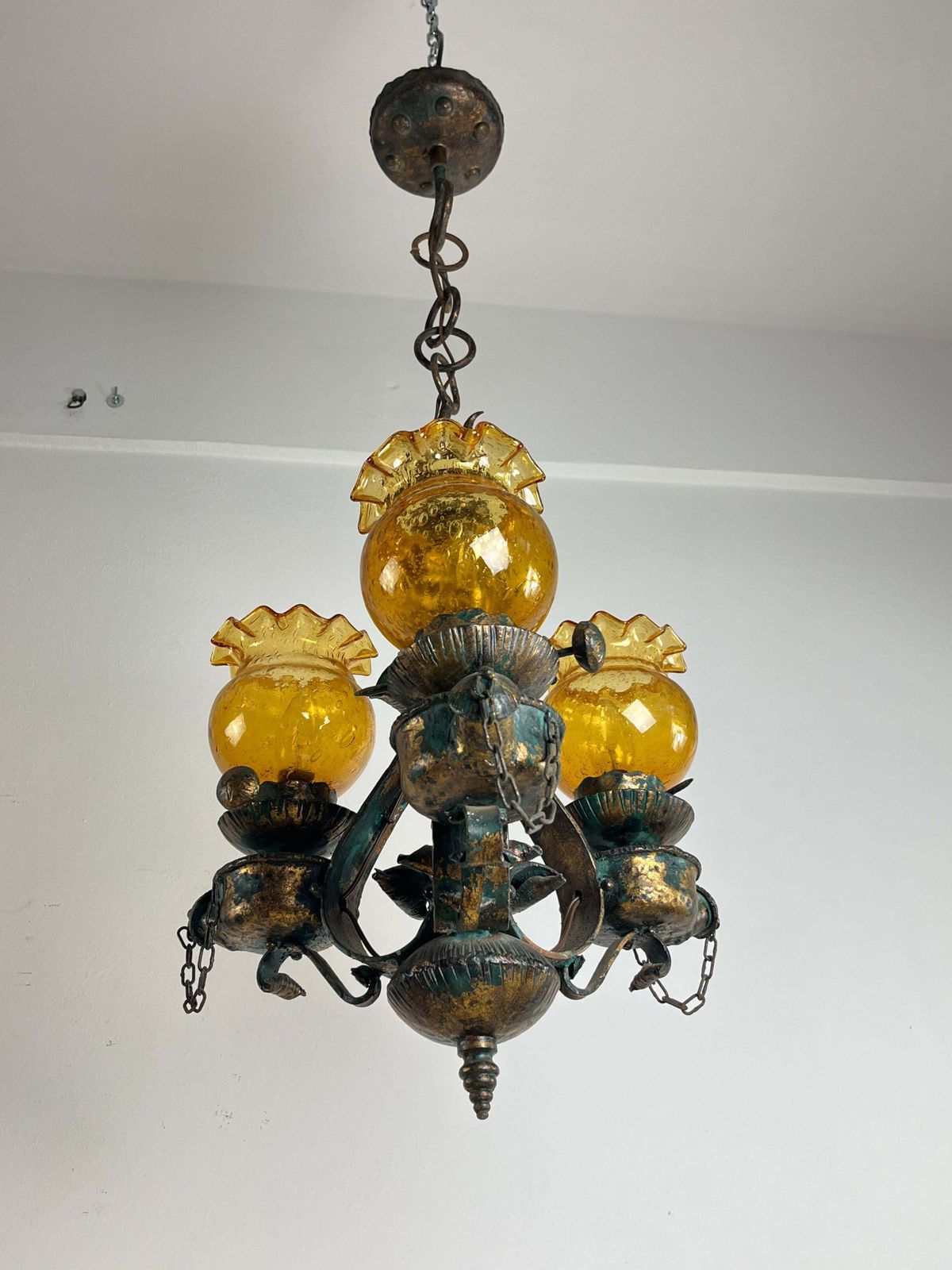 photo furniture Mid Century Brutalist Iron And Glass Chandelier  1960s