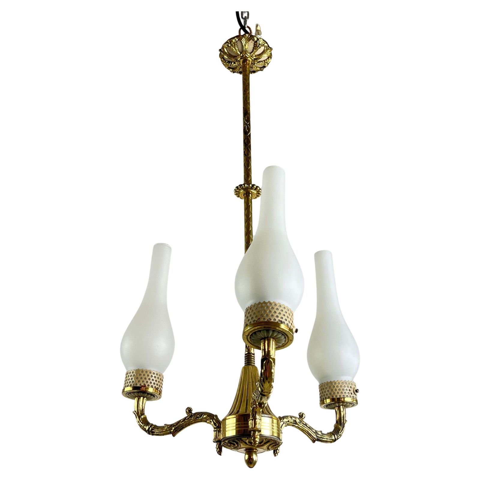 Mid Century 3 Light Brass And Glass Chandelier  Attributed To Stilnovo 1950s