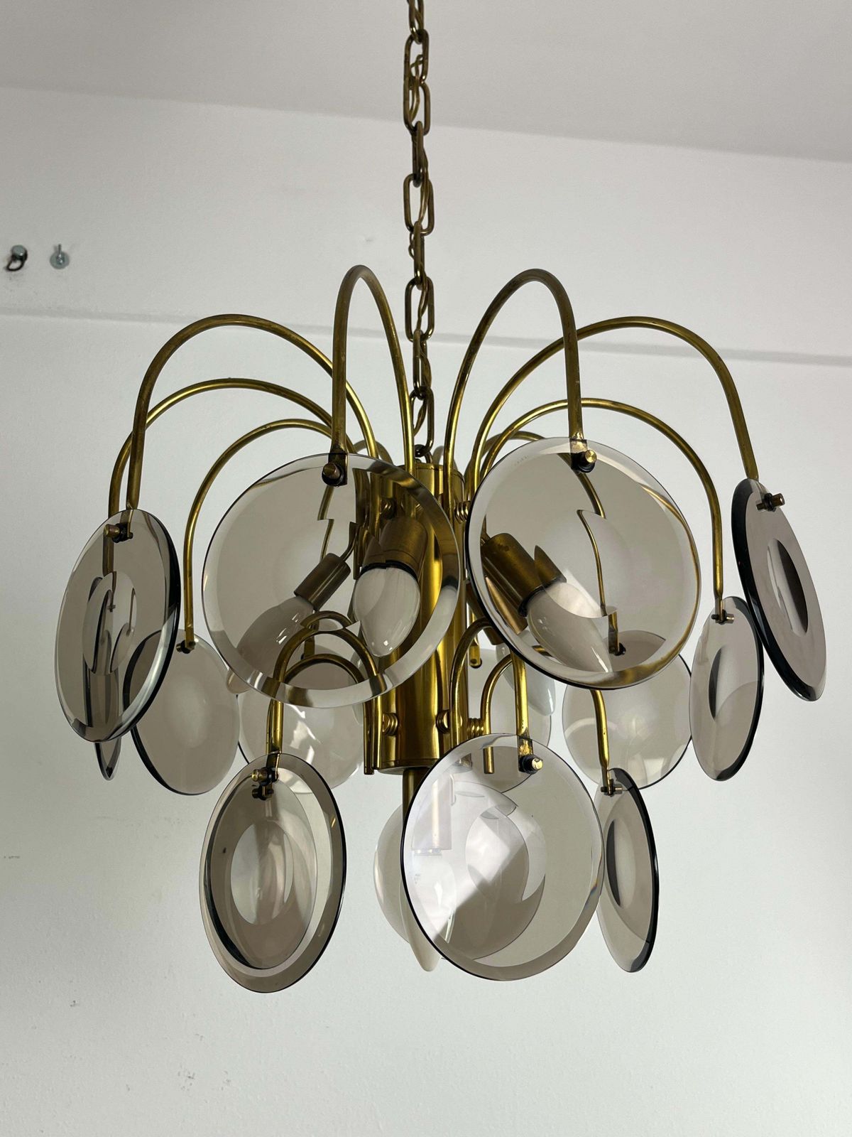 Lighting Murano Glass And Brass Chandelier Vistosi Design 6 Lights 1970s photo