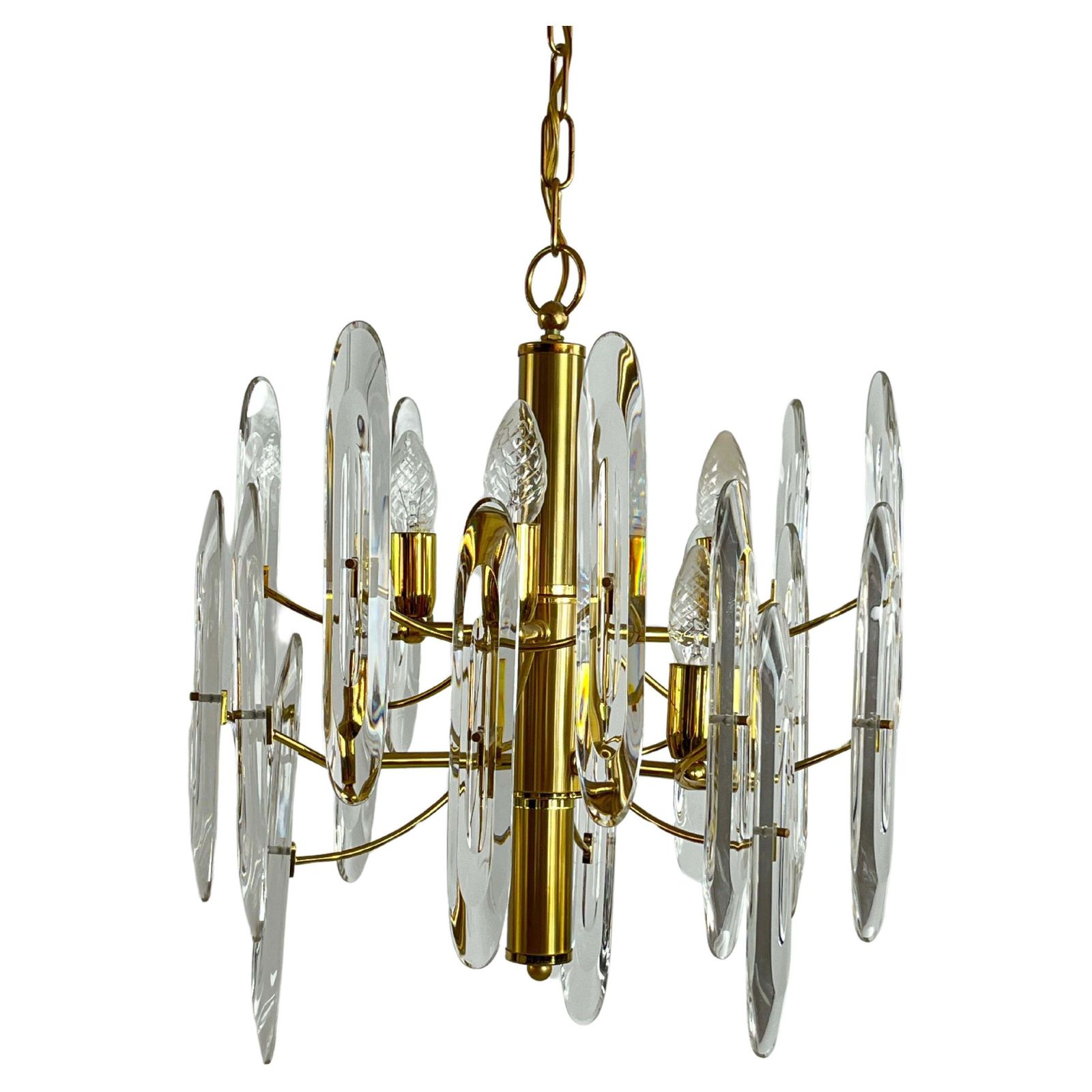 Mid Century 6 Light Brass And Crystal Chandelier Attributed To Sciolari 1960s
