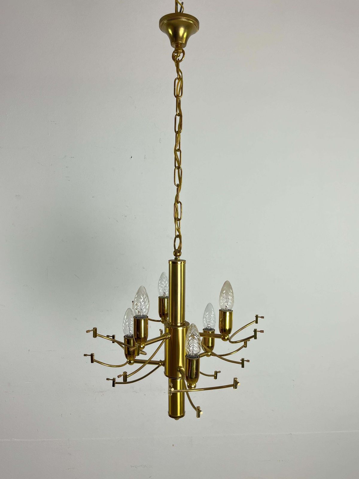 1025.0 Mid Century 6 Light Brass And Crystal Chandelier Attributed To Sciolari 1960s photo