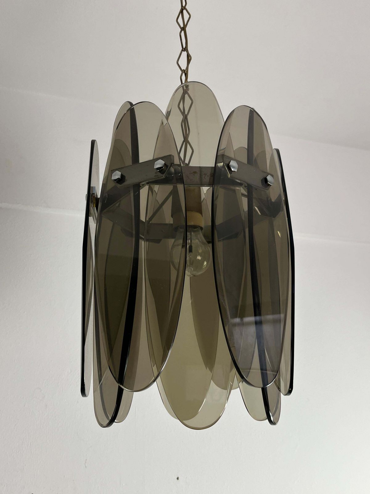 Mid Century Smoked Glass Chandelier With 12 Petals In The Style Of Max Ingrand photo Lighting