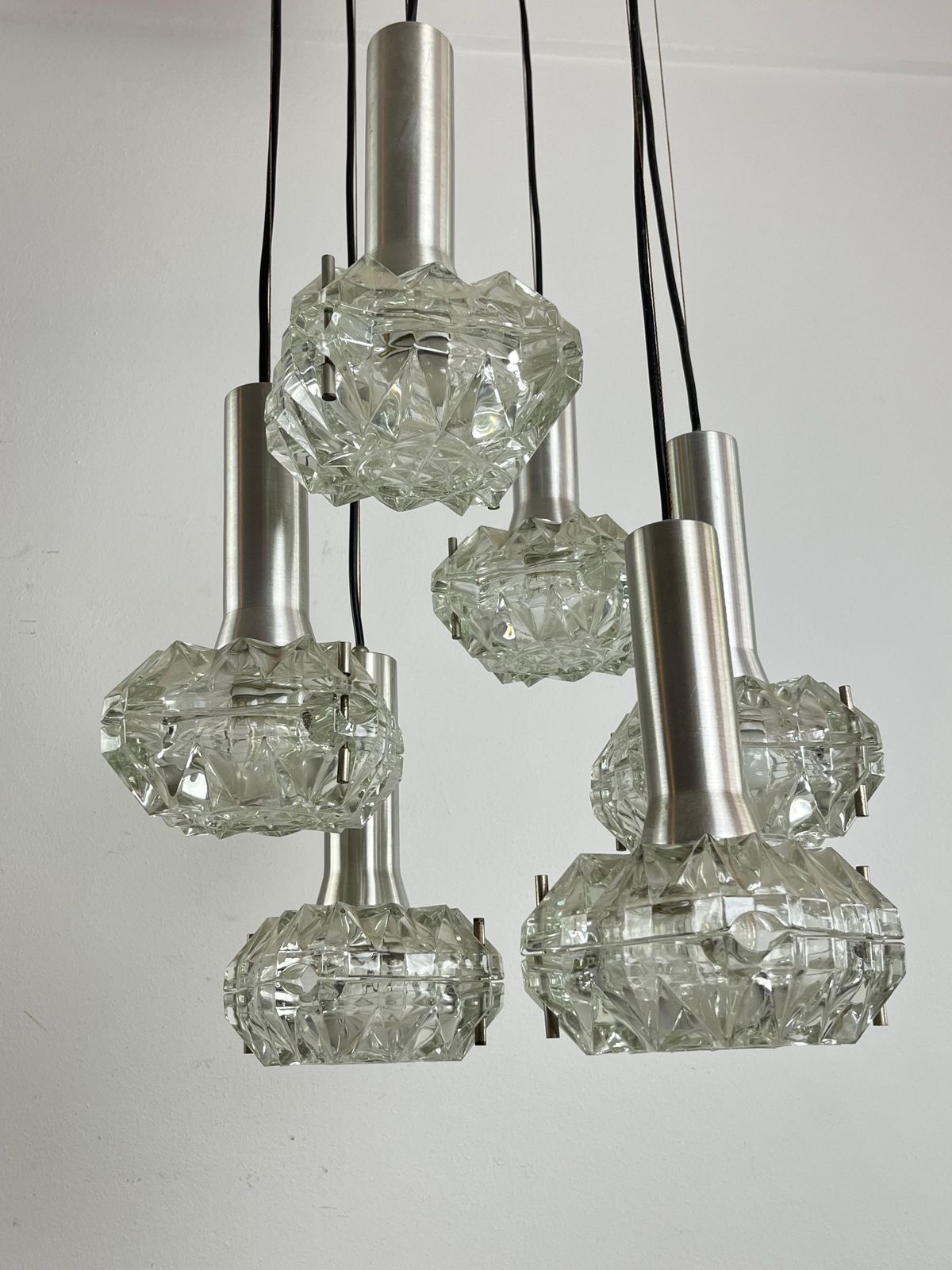 photo furniture 6 Light Cascade Steel And Crystal Chandelier 1970s Italian Design